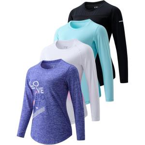 4-Pack: Womens Long Sleeve Athletic Tops with Thumb Holes – Dry Fit Active Crewneck Workout Tees(Black / Purple / Turquoise / Pink Gradient)