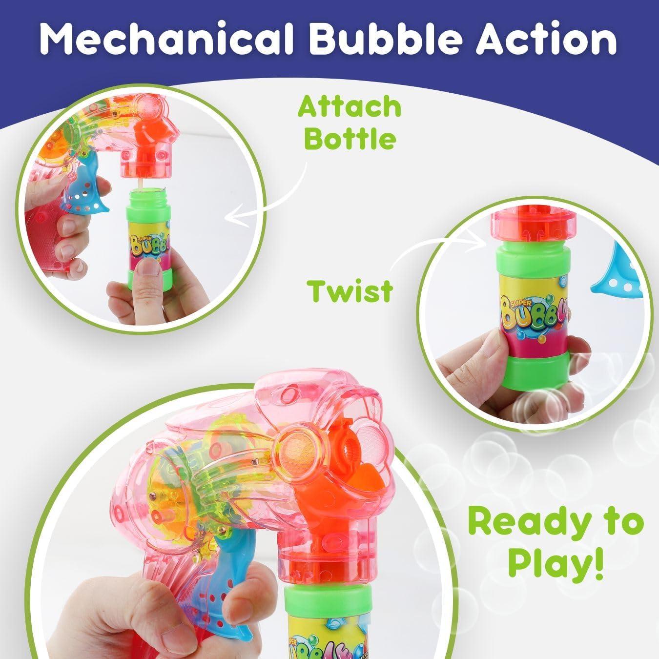 image:image6 PCS Wind Up Bubble Guns for Kids Light Up LED Bubble Shooters Bubble Blowers with Bottle Solutions Included Bulk Indoor Outdoor Toys Party Favors Gifts No Batteries Required