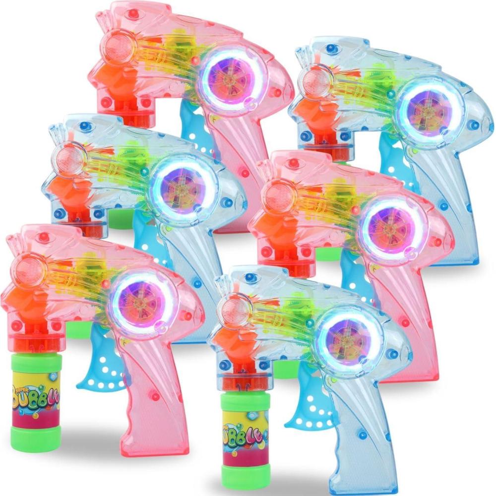 image:image6 PCS Wind Up Bubble Guns for Kids Light Up LED Bubble Shooters Bubble Blowers with Bottle Solutions Included Bulk Indoor Outdoor Toys Party Favors Gifts No Batteries Required