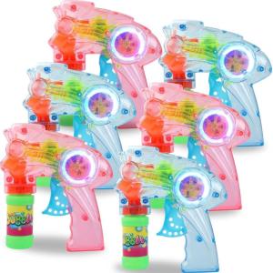 6 PCS Wind Up Bubble Guns for Kids, Light Up LED Bubble Shooters, Bubble Blowers with Bottle Solutions Included – Bulk Indoor Outdoor Toys Party Favors Gifts – No Batteries Required