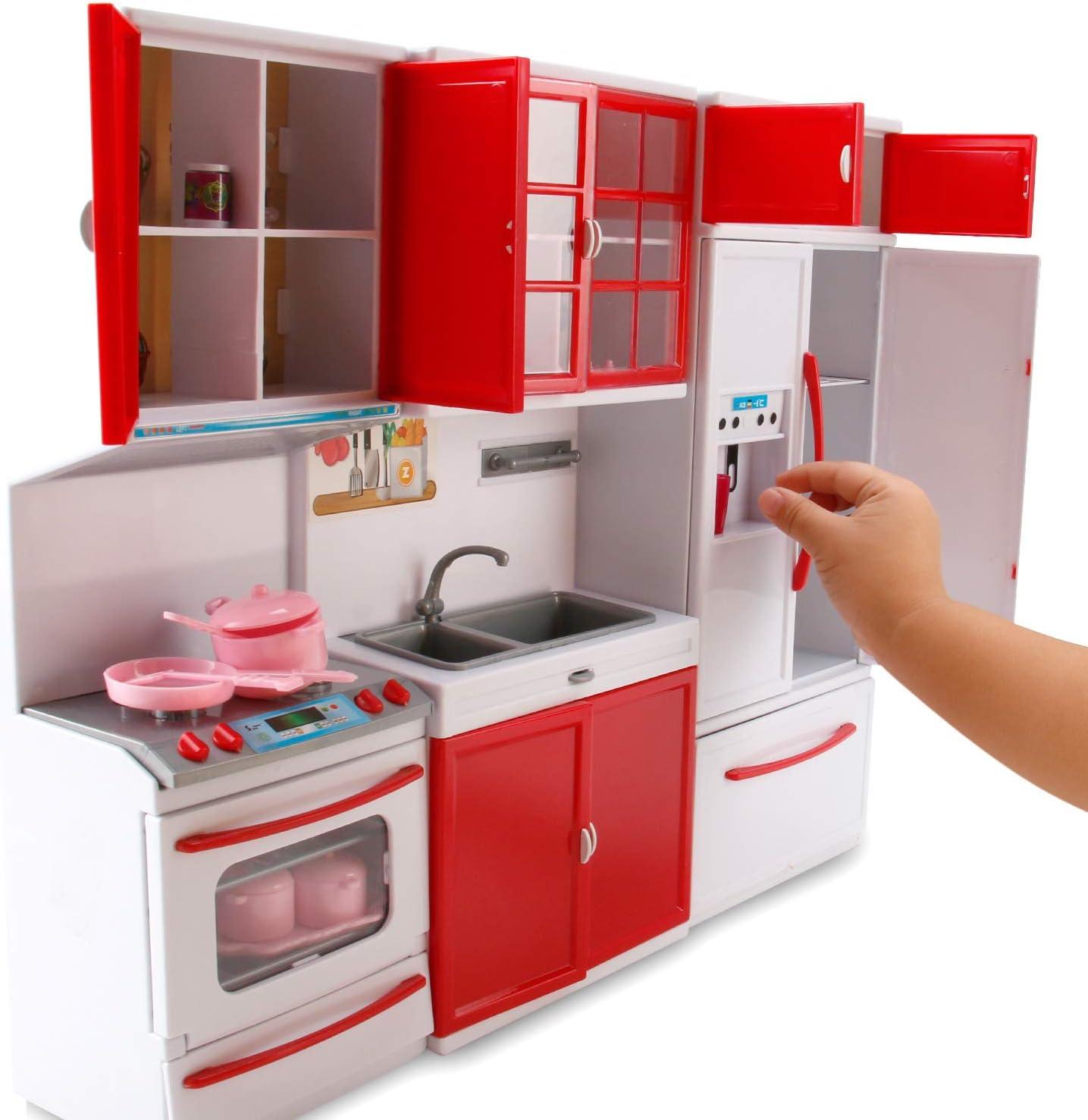 image:imageGourmet Red Doll Modern Kitchen Mini Toy Playset with Lights and Sounds Perfect for 12 Inch Dolls