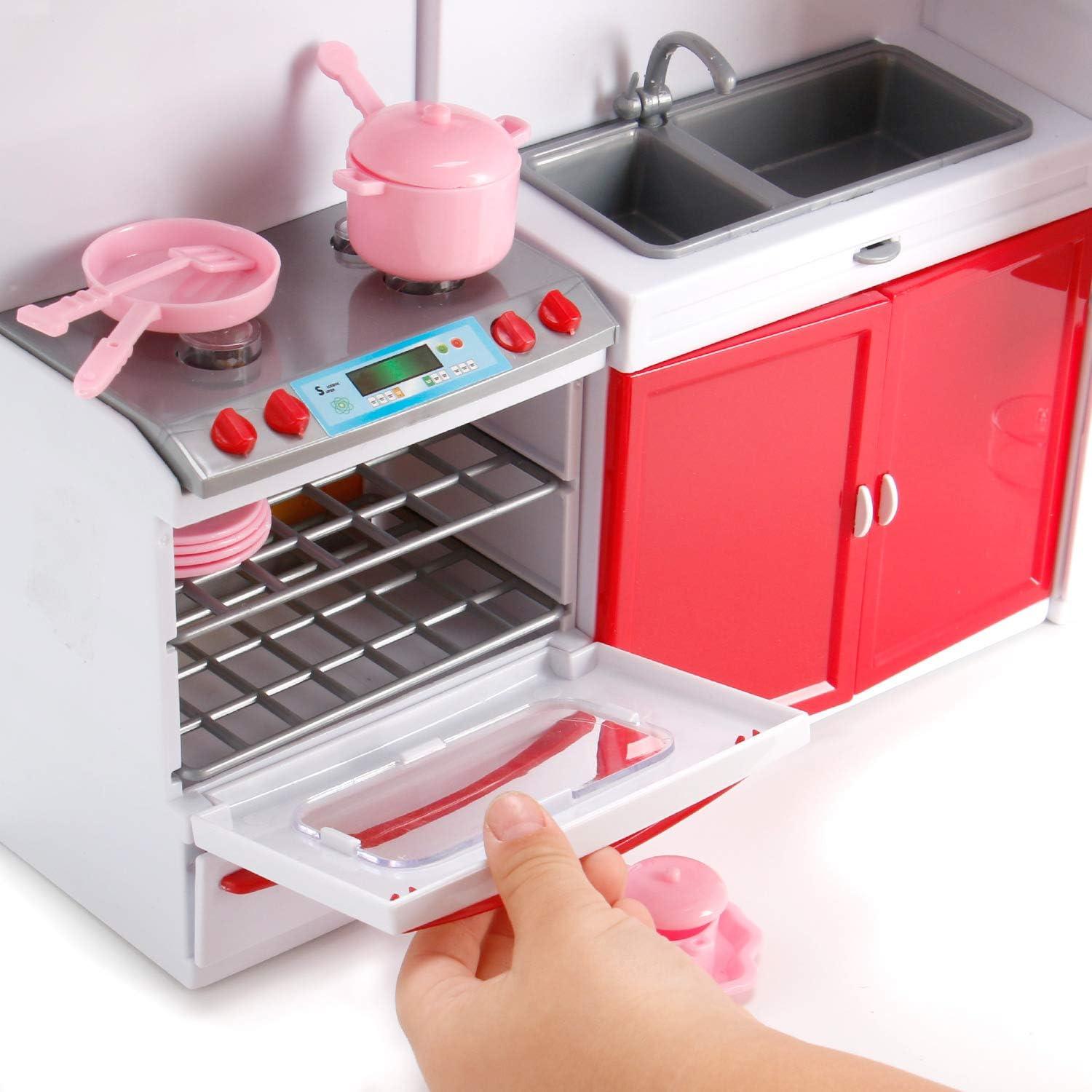 image:imageGourmet Red Doll Modern Kitchen Mini Toy Playset with Lights and Sounds Perfect for 12 Inch Dolls