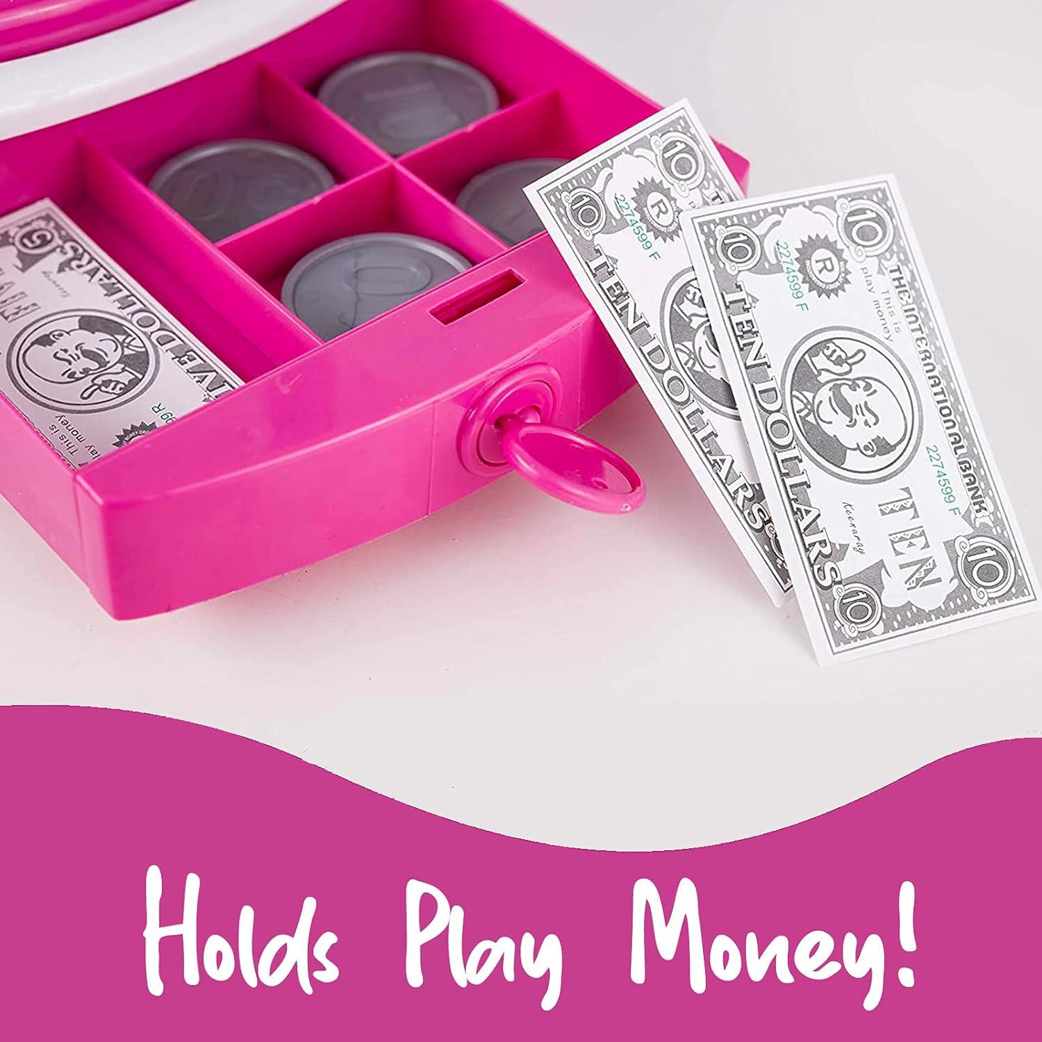 image:imagePretend Play Pink Cash Register Toy Learn amp Play Shopping Kids Toys with Electronic Mic Scanner Calculator Play Food Fake Money and Basket