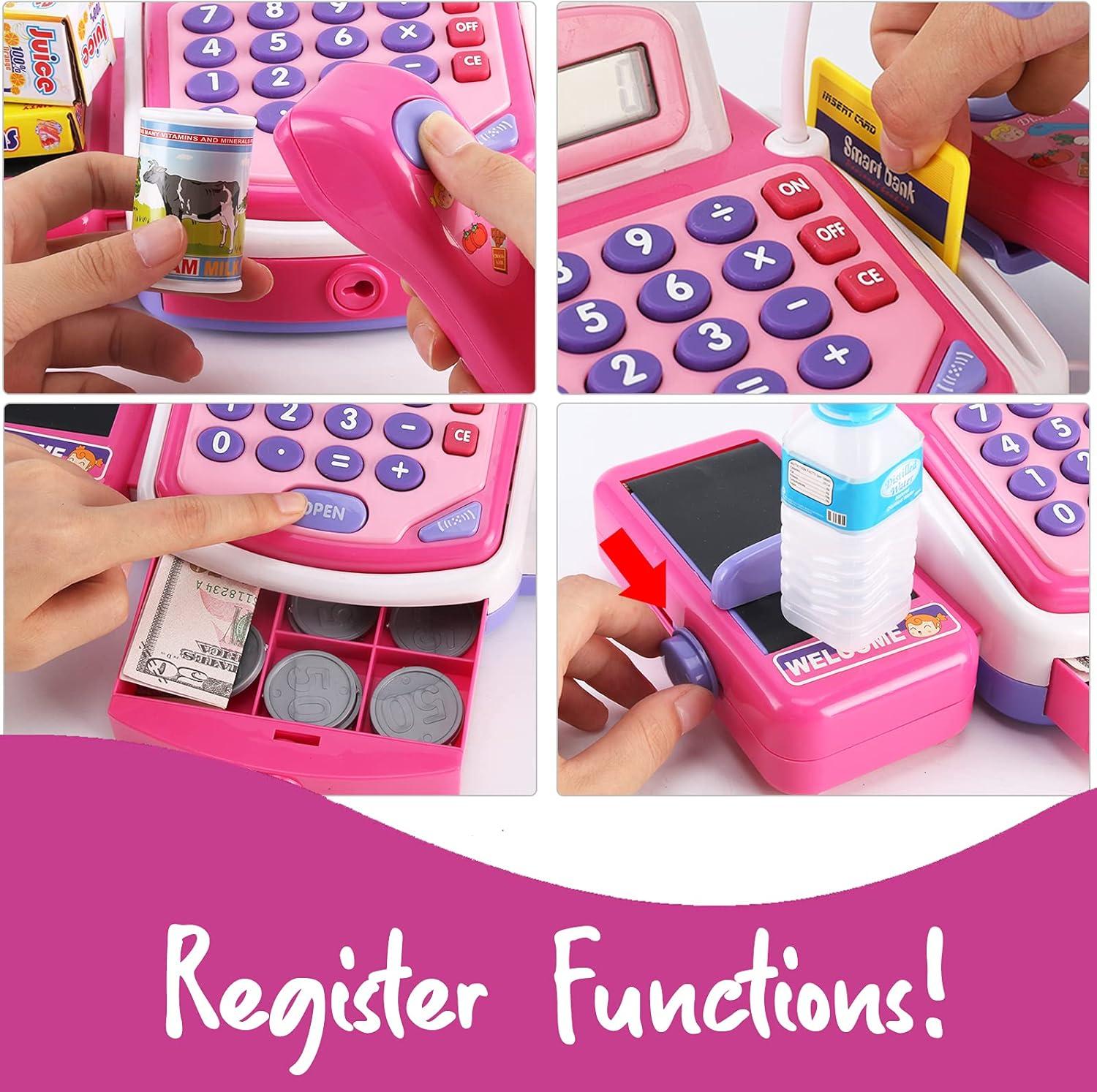 image:imagePretend Play Pink Cash Register Toy Learn amp Play Shopping Kids Toys with Electronic Mic Scanner Calculator Play Food Fake Money and Basket