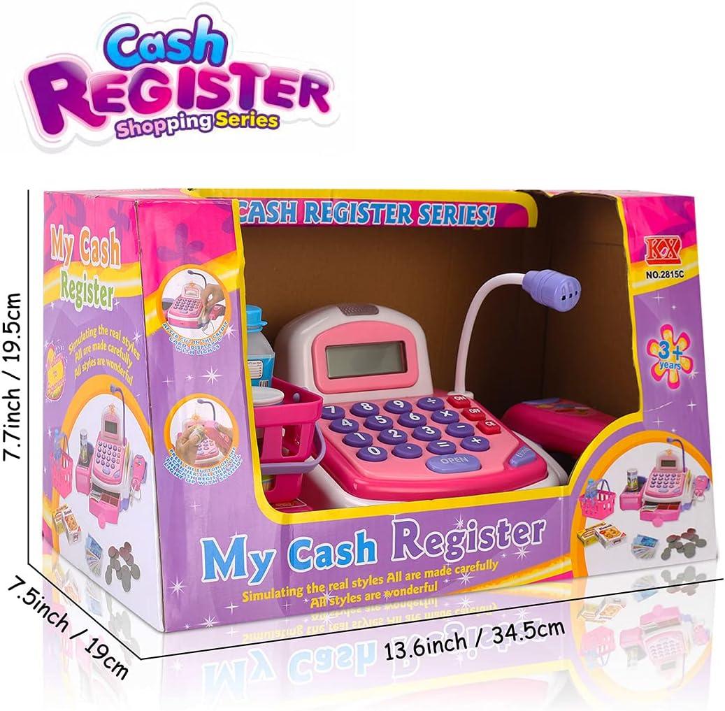 image:imagePretend Play Pink Cash Register Toy Learn amp Play Shopping Kids Toys with Electronic Mic Scanner Calculator Play Food Fake Money and Basket