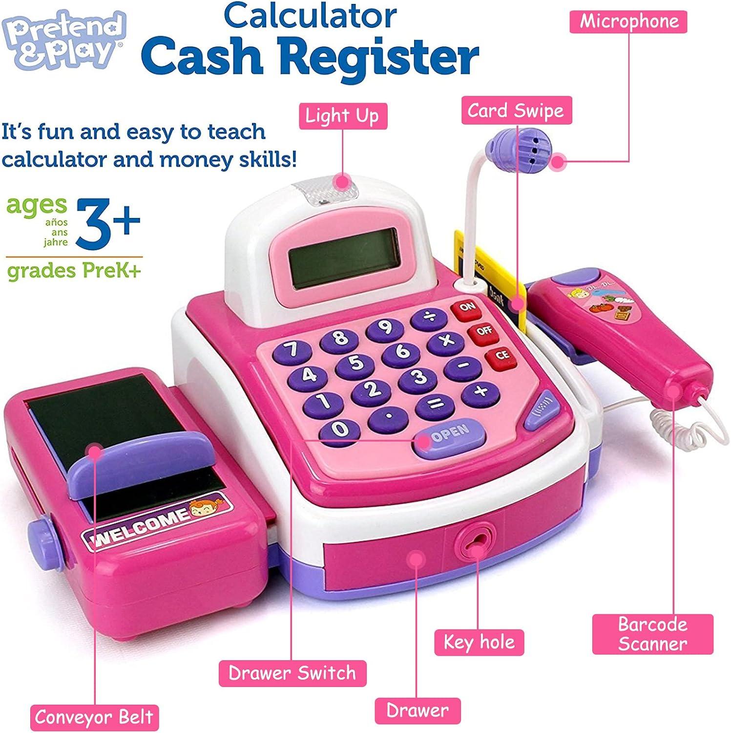 image:imagePretend Play Pink Cash Register Toy Learn amp Play Shopping Kids Toys with Electronic Mic Scanner Calculator Play Food Fake Money and Basket