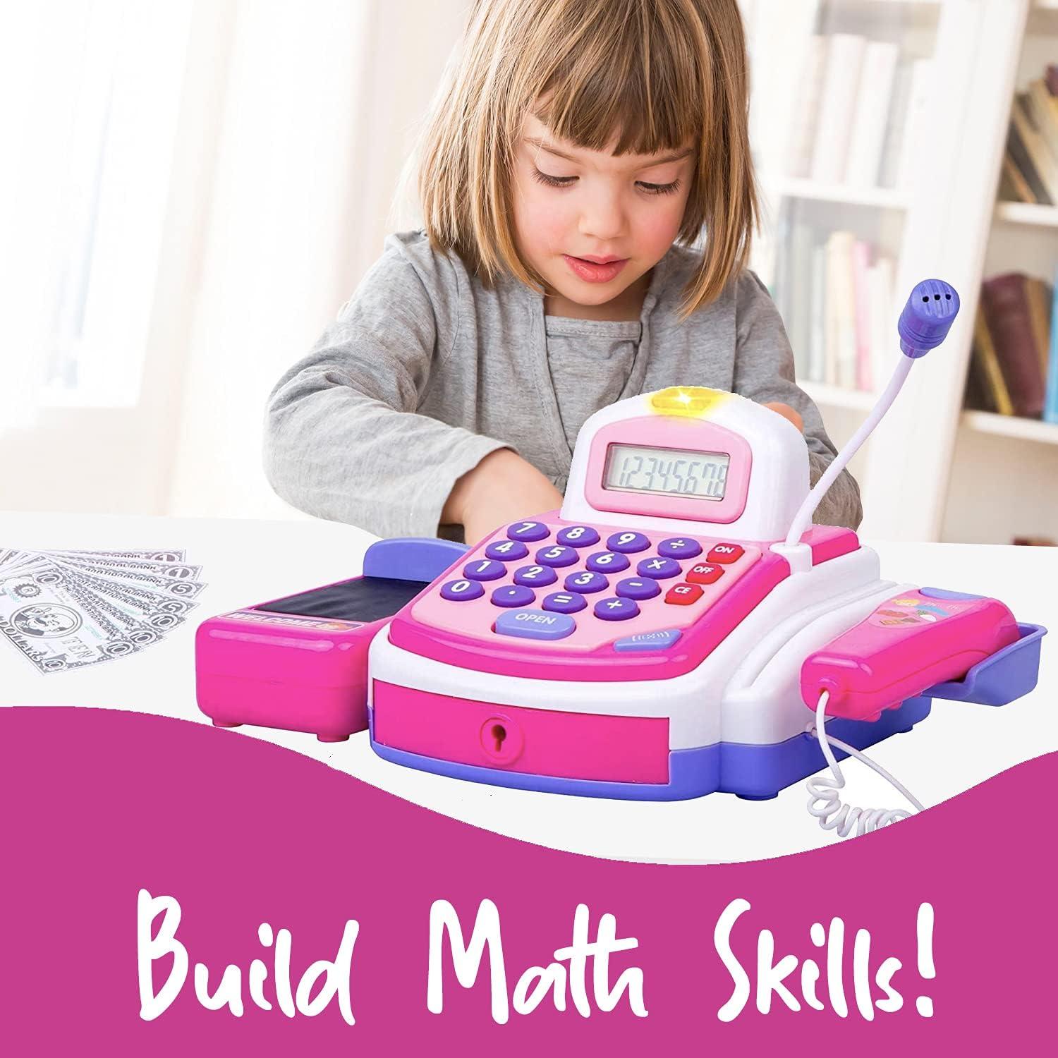 image:imagePretend Play Pink Cash Register Toy Learn amp Play Shopping Kids Toys with Electronic Mic Scanner Calculator Play Food Fake Money and Basket