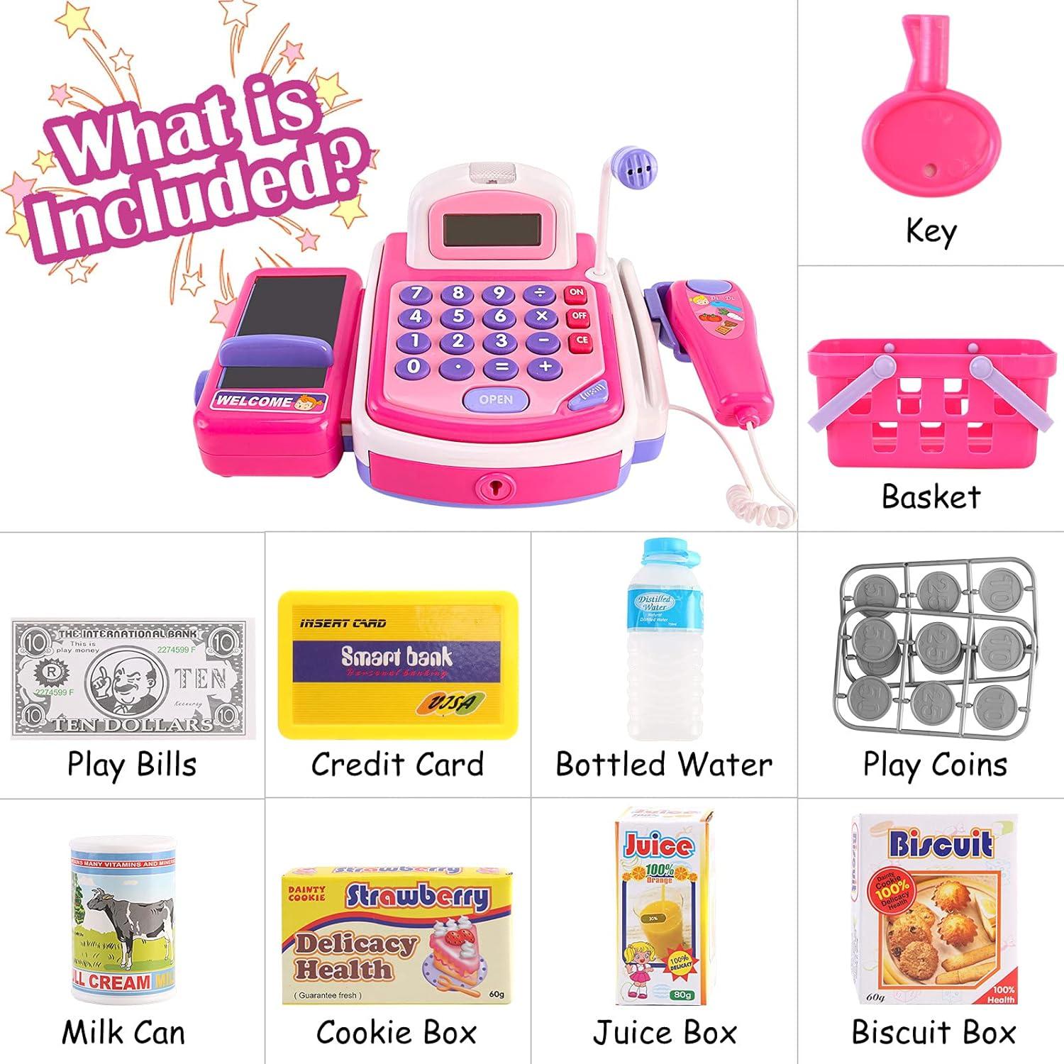 image:imagePretend Play Pink Cash Register Toy Learn amp Play Shopping Kids Toys with Electronic Mic Scanner Calculator Play Food Fake Money and Basket
