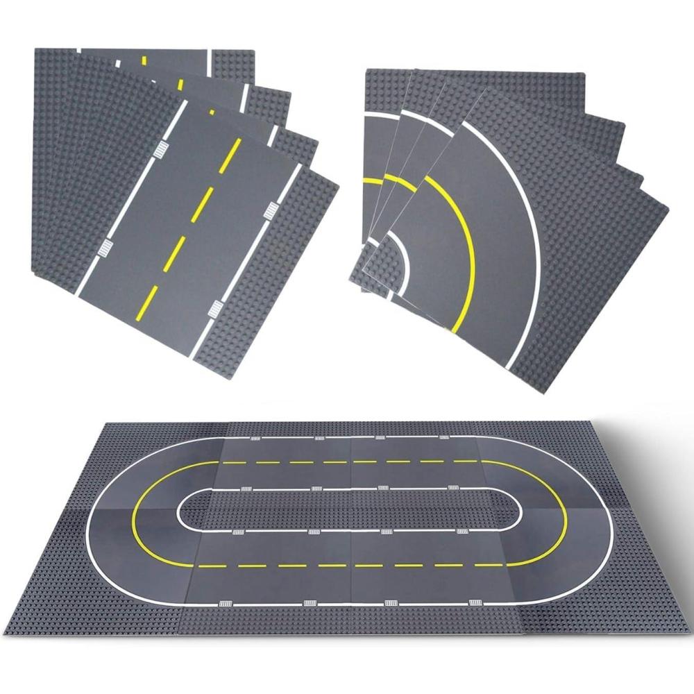 image:image8 Pack Classic City Street Baseplates Building Blocks Road Plates 10 x 10 Kids Brick Baseplates for City Road Street Race Track Towns 4 Straight 4 Curved Road