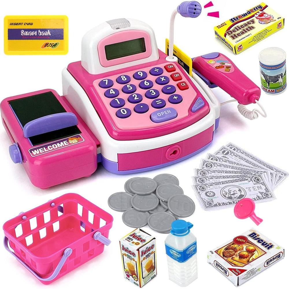 image:imagePretend Play Pink Cash Register Toy Learn amp Play Shopping Kids Toys with Electronic Mic Scanner Calculator Play Food Fake Money and Basket