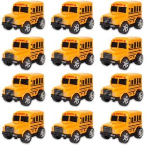12 Pack in Box Chubby School Bus Model Toys – 4 inches Classic Long Nose Friction Powered 360 Rotation Vehicles – Ideal Gift, Party Favors for Kids (1 Dozen)
