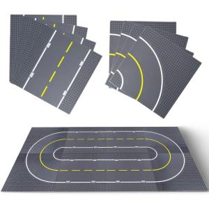 8 Pack Classic City Street Baseplates, Building Blocks Road Plates 10″ x 10″, Kids Brick Baseplates for City Road, Street, Race Track, Towns – 4 Straight + 4 Curved Road