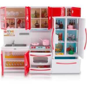 Gourmet Red Doll Modern Kitchen Mini Toy Playset with Lights and Sounds, Perfect for 12 Inch Dolls