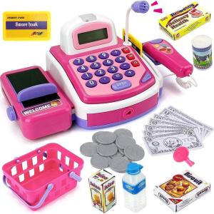 Pretend Play Pink Cash Register Toy – Learn & Play Shopping Kids Toys with Electronic Mic, Scanner, Calculator, Play Food, Fake Money and Basket