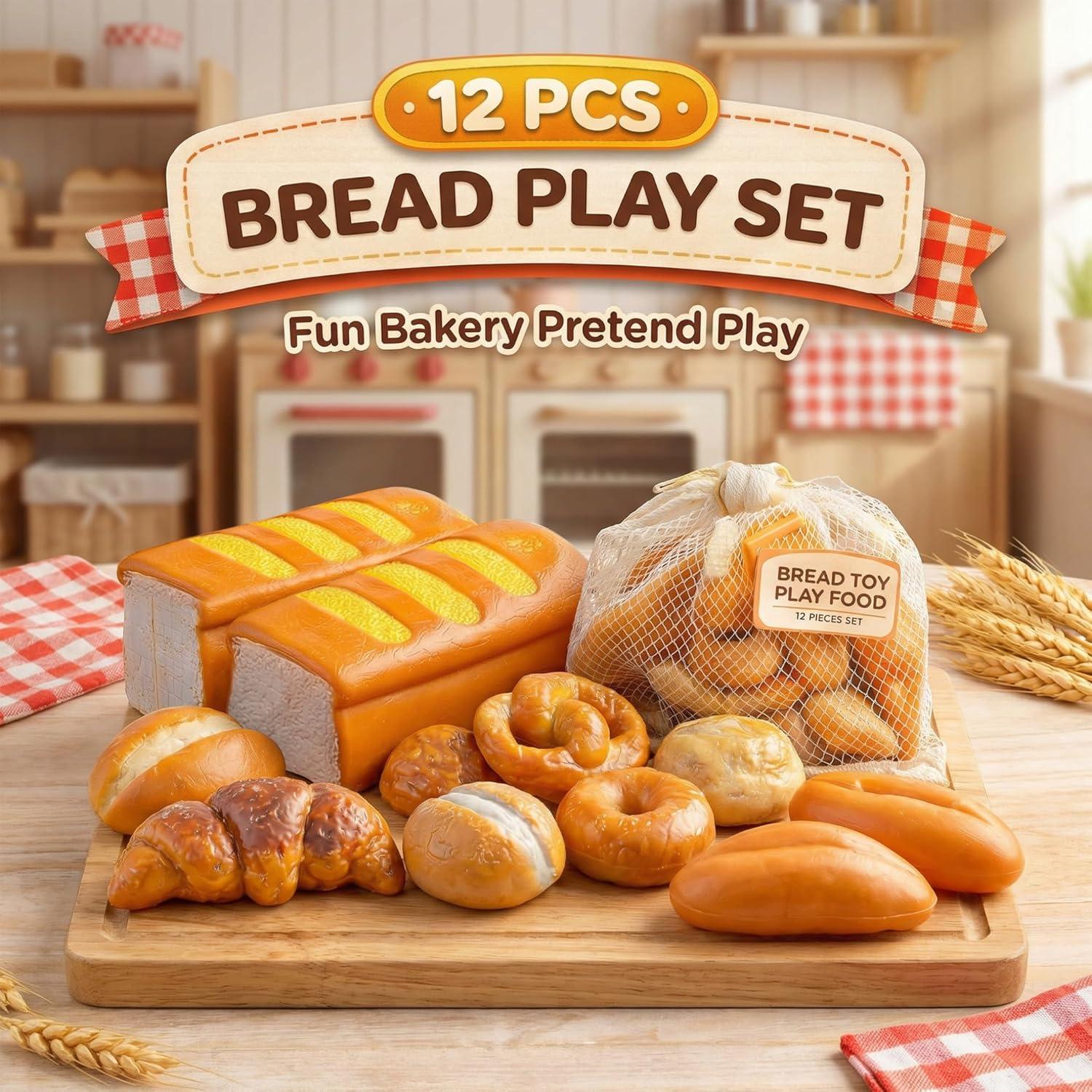 image:image12 PCS Fake Bread Pastries Set Life Sized Plastic Pretend Play Food Toy Kids Bakery Grocery Kitchen Playset