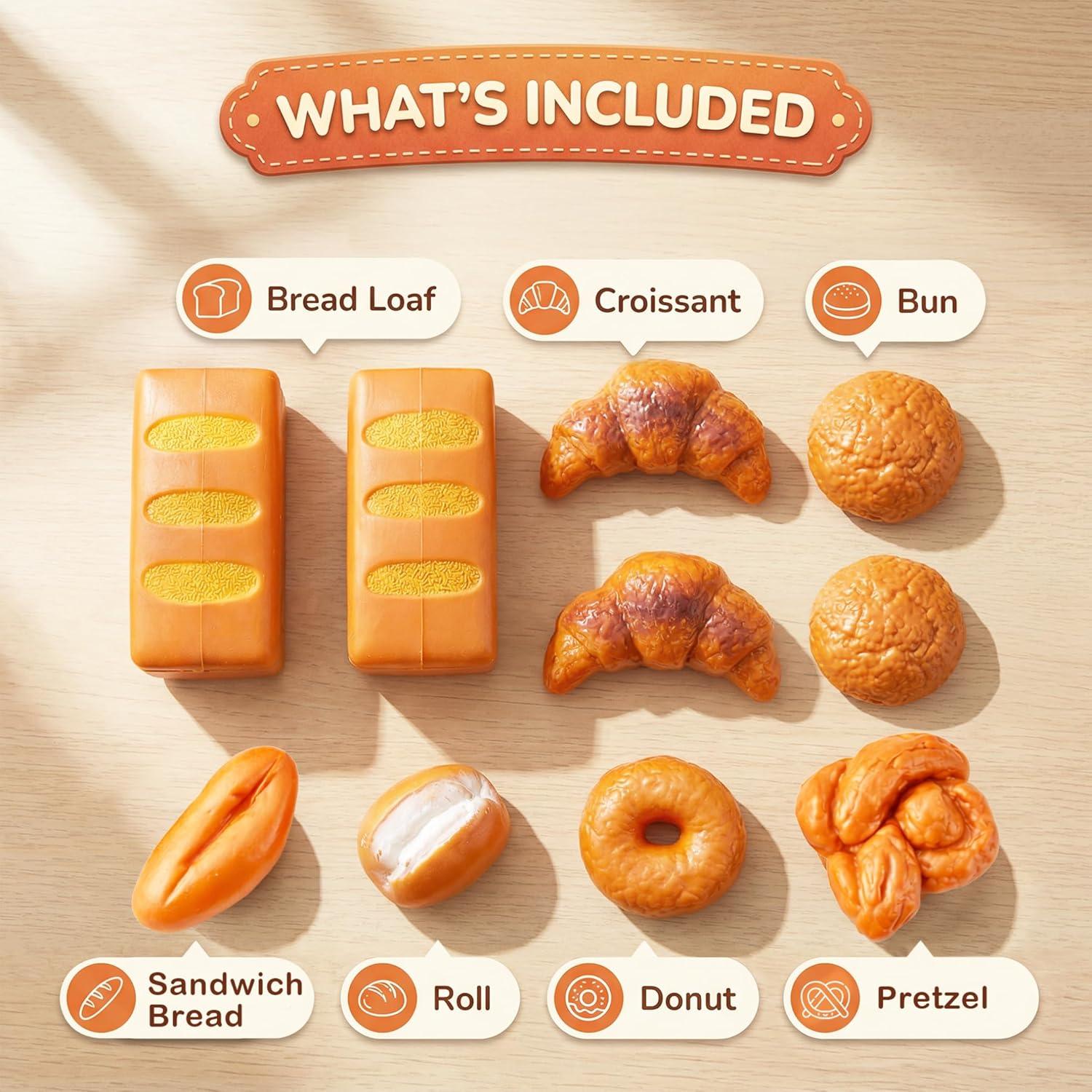 image:image12 PCS Fake Bread Pastries Set Life Sized Plastic Pretend Play Food Toy Kids Bakery Grocery Kitchen Playset