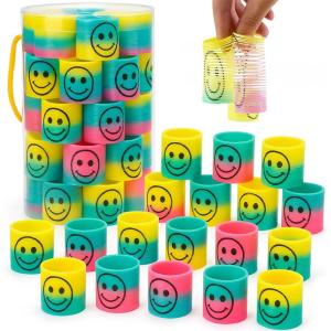 72 PCS Mini Emoticon Smile Happy Face Rainbow Springs Party Favors in Storage Bucket – Bulk Set of Plastic Magic Coil Stretch Stress Toys for Kids Birthdays, Carnival Prizes, Goodie Bag Stuffers
