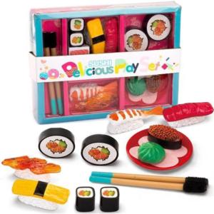 Authentic Japanese Sushi Bento Box Pretend Play Dinner Food Set – 19 Piece Cutting Food Toy Play Set for Kids