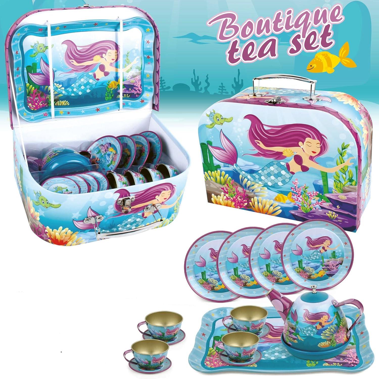 image:image15 Piece Mermaid Tea Party Set for Little Girls Pretend Tin Teapot Set Princess Tea Time Play Kitchen Toy with Cups Plates and Carrying Case for Birthday Gifts Kids Toddlers