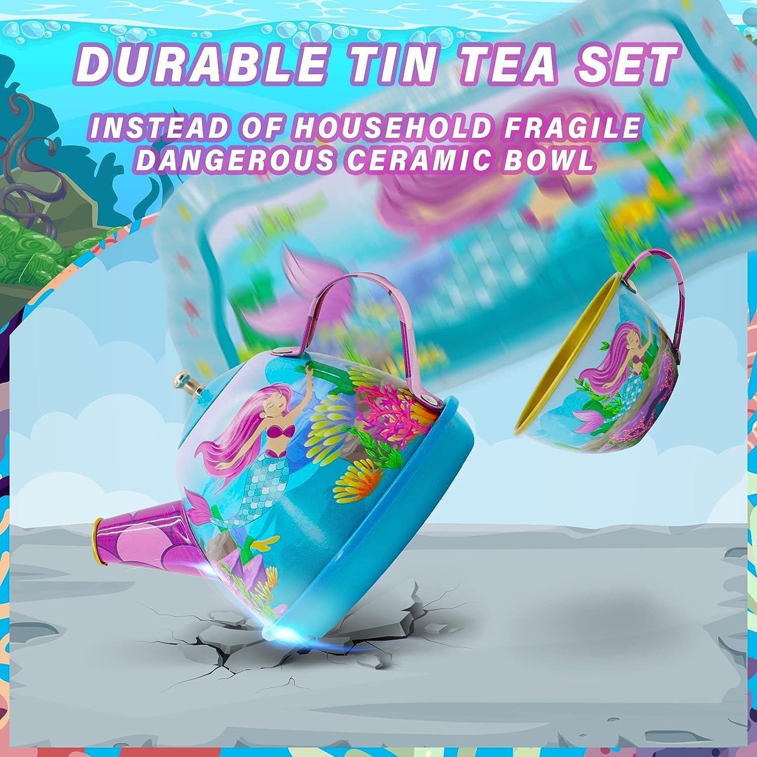 image:image15 Piece Mermaid Tea Party Set for Little Girls Pretend Tin Teapot Set Princess Tea Time Play Kitchen Toy with Cups Plates and Carrying Case for Birthday Gifts Kids Toddlers