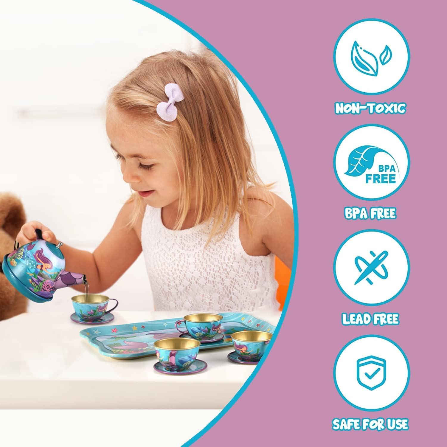 image:image15 Piece Mermaid Tea Party Set for Little Girls Pretend Tin Teapot Set Princess Tea Time Play Kitchen Toy with Cups Plates and Carrying Case for Birthday Gifts Kids Toddlers