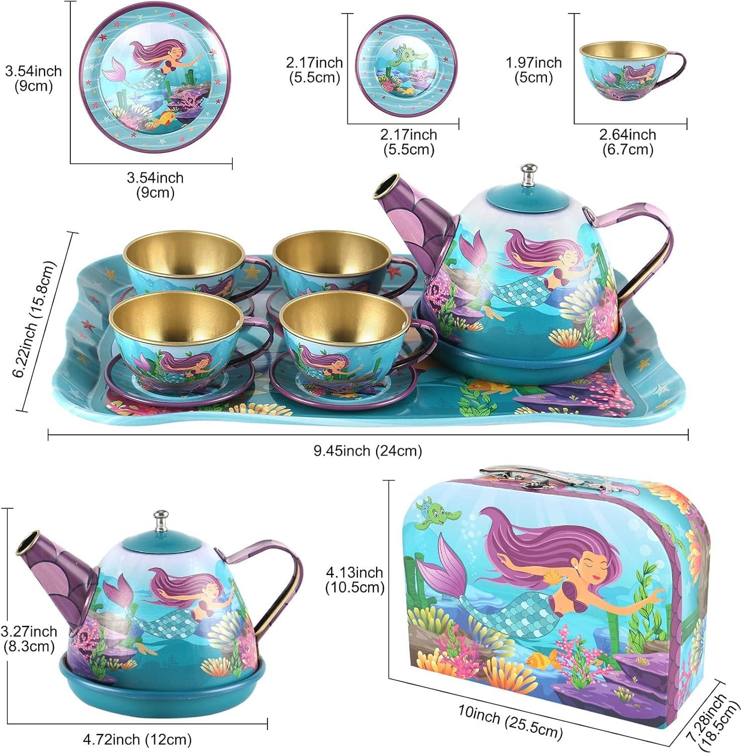 image:image15 Piece Mermaid Tea Party Set for Little Girls Pretend Tin Teapot Set Princess Tea Time Play Kitchen Toy with Cups Plates and Carrying Case for Birthday Gifts Kids Toddlers