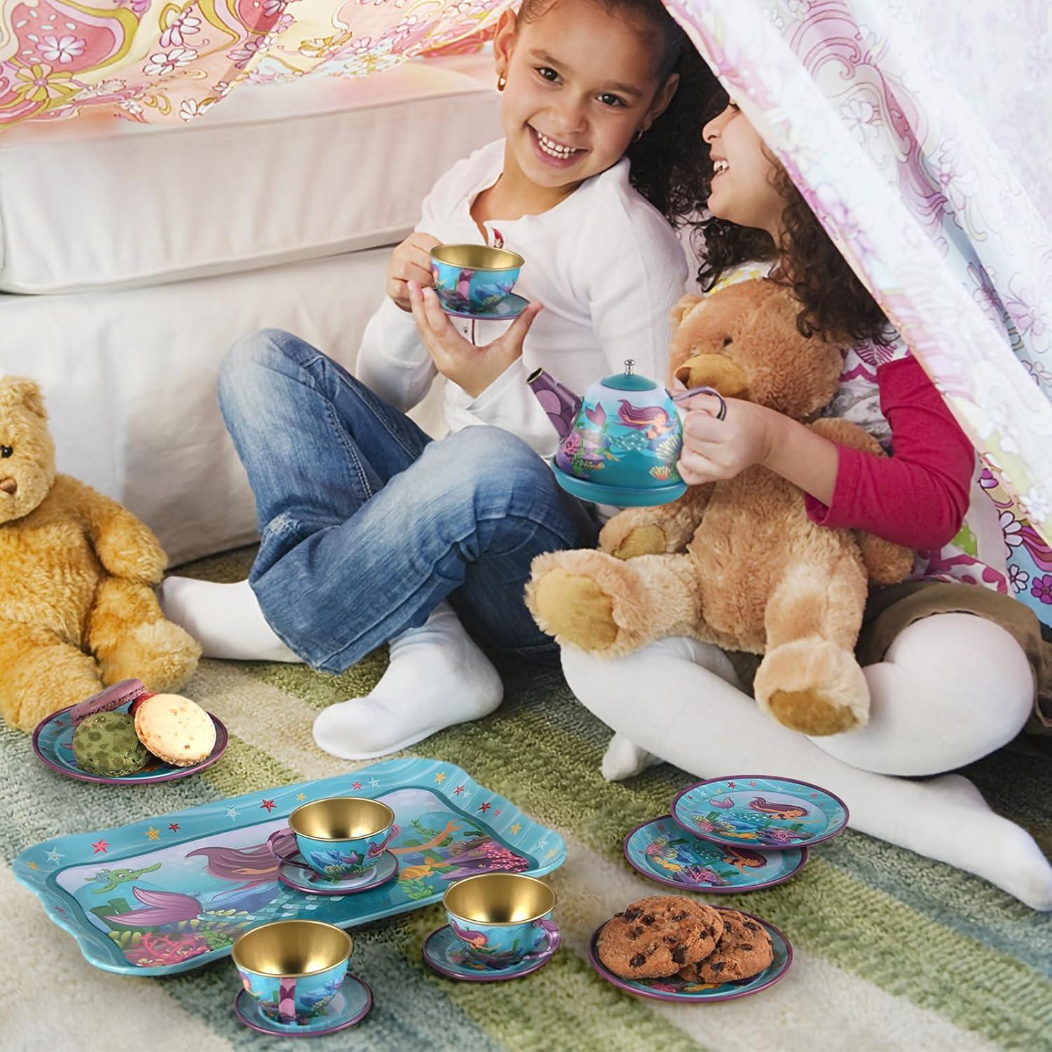image:image15 Piece Mermaid Tea Party Set for Little Girls Pretend Tin Teapot Set Princess Tea Time Play Kitchen Toy with Cups Plates and Carrying Case for Birthday Gifts Kids Toddlers