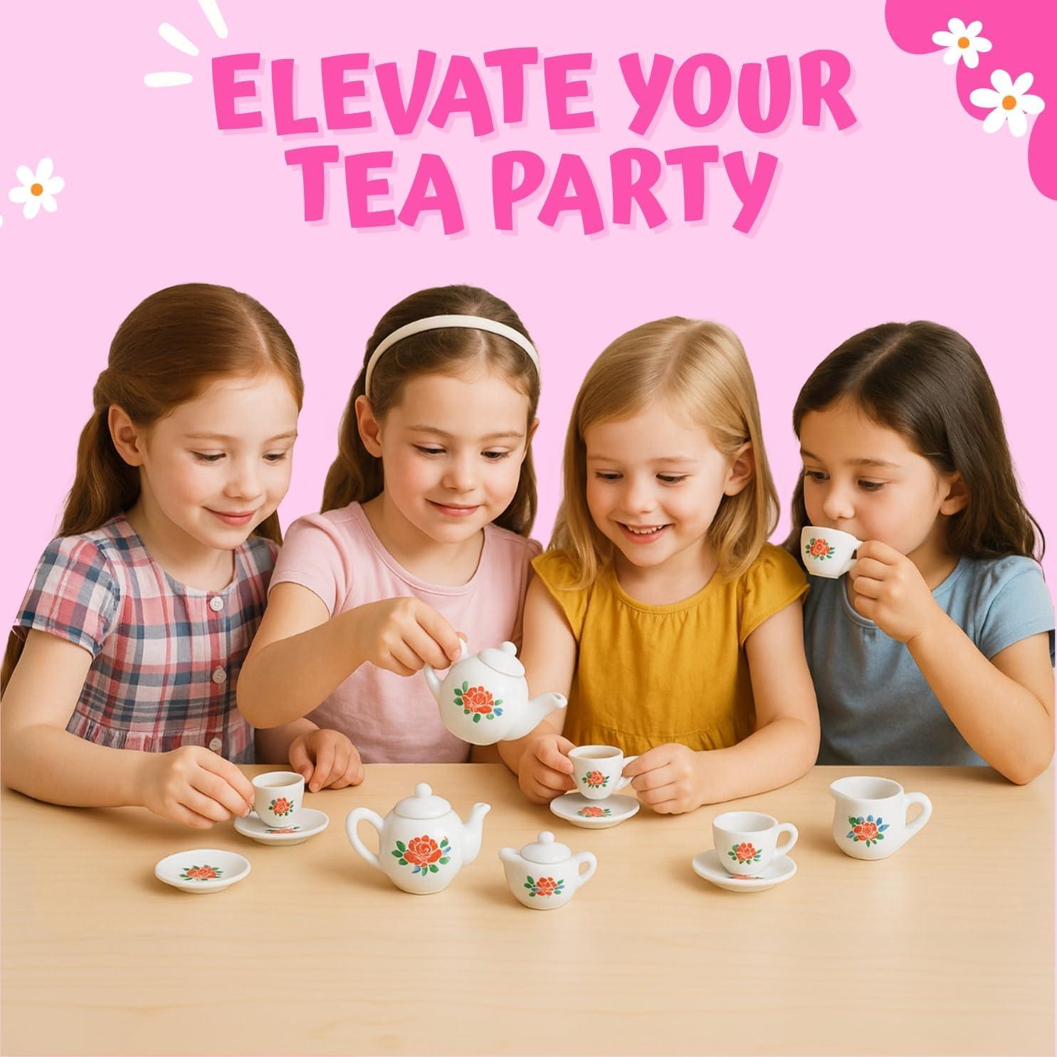 image:image17 Pieces Floral Miniature Porcelain Ceramic Tea Set Pretend Play Kids Toy Mini Kitchen Playset Fun Doll Dramatic Play for Little Girls Kids