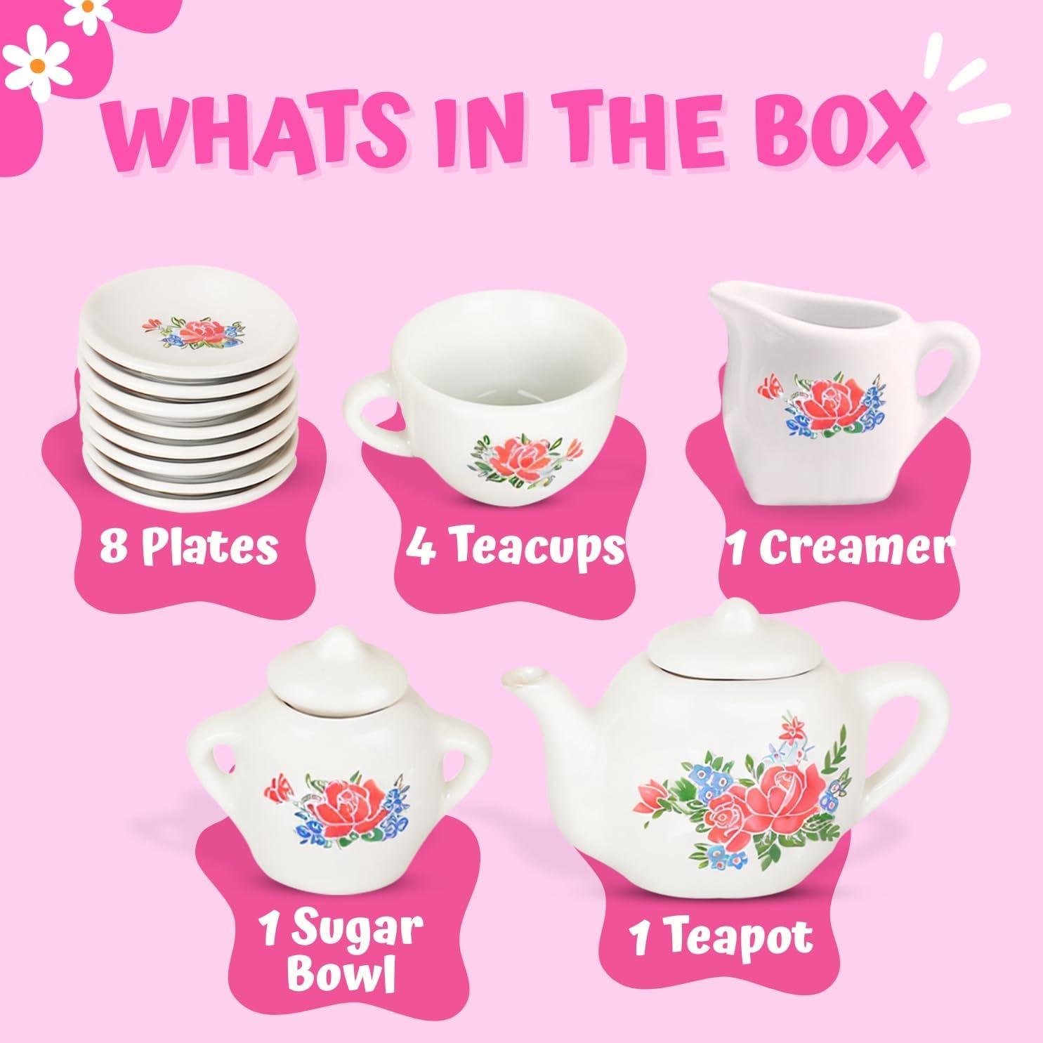image:image17 Pieces Floral Miniature Porcelain Ceramic Tea Set Pretend Play Kids Toy Mini Kitchen Playset Fun Doll Dramatic Play for Little Girls Kids