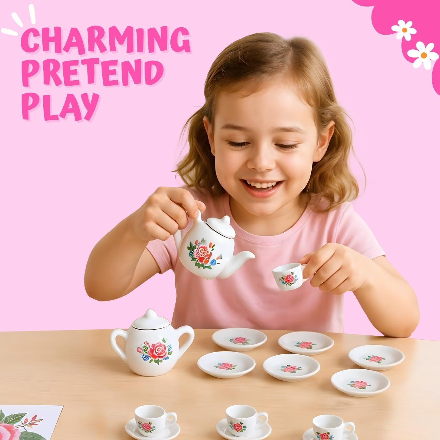 image:image17 Pieces Floral Miniature Porcelain Ceramic Tea Set Pretend Play Kids Toy Mini Kitchen Playset Fun Doll Dramatic Play for Little Girls Kids