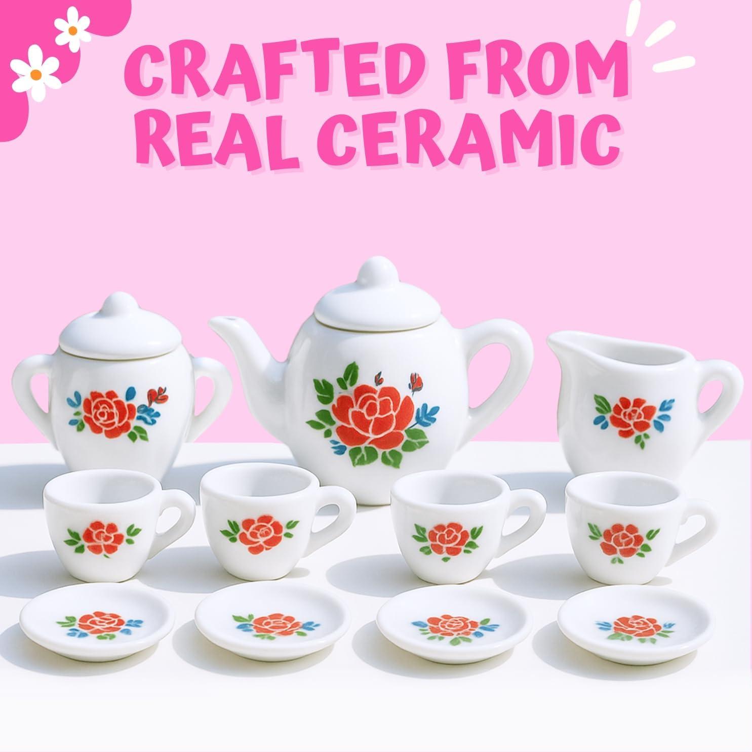 image:image17 Pieces Floral Miniature Porcelain Ceramic Tea Set Pretend Play Kids Toy Mini Kitchen Playset Fun Doll Dramatic Play for Little Girls Kids