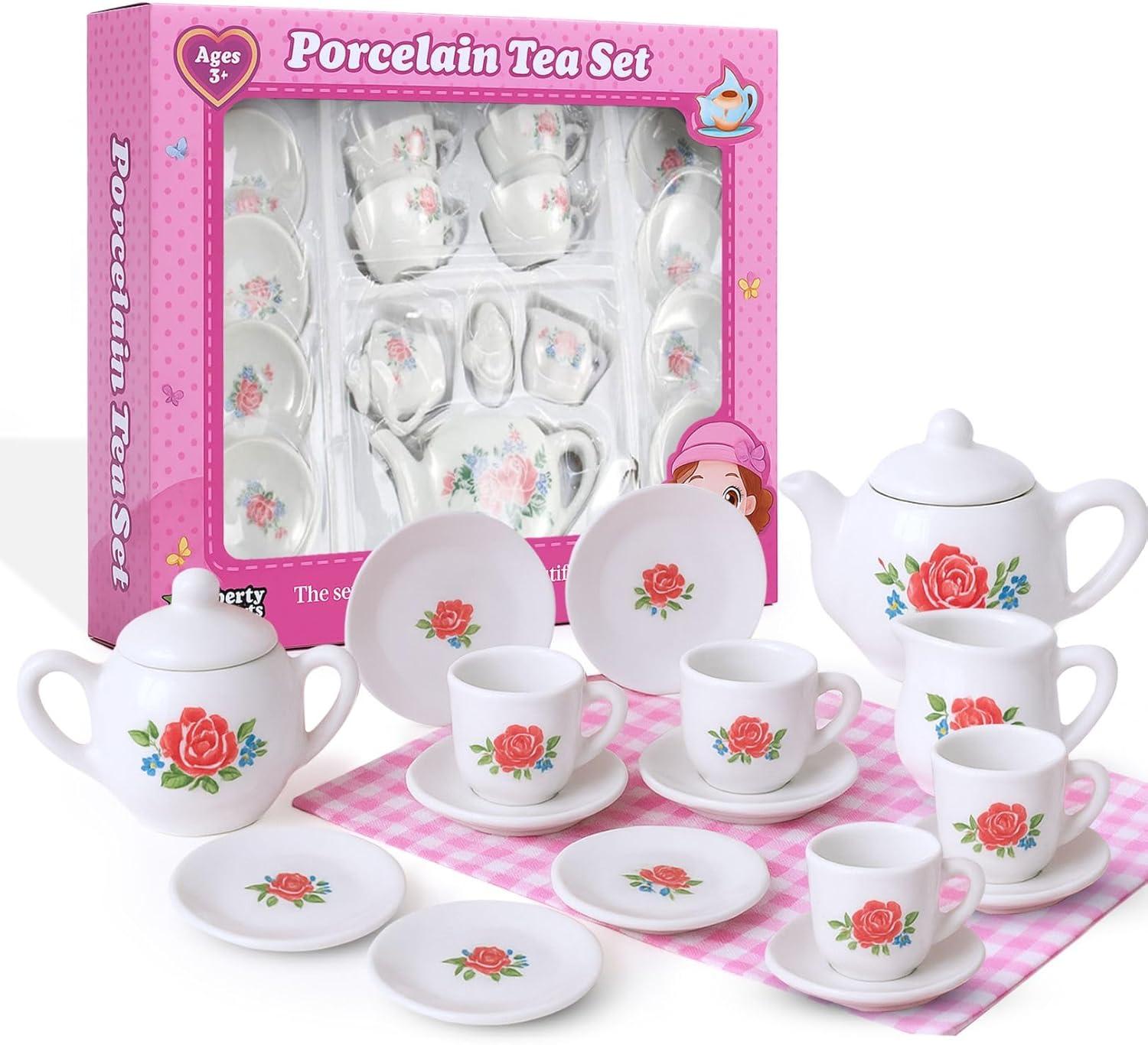 image:image17 Pieces Floral Miniature Porcelain Ceramic Tea Set Pretend Play Kids Toy Mini Kitchen Playset Fun Doll Dramatic Play for Little Girls Kids