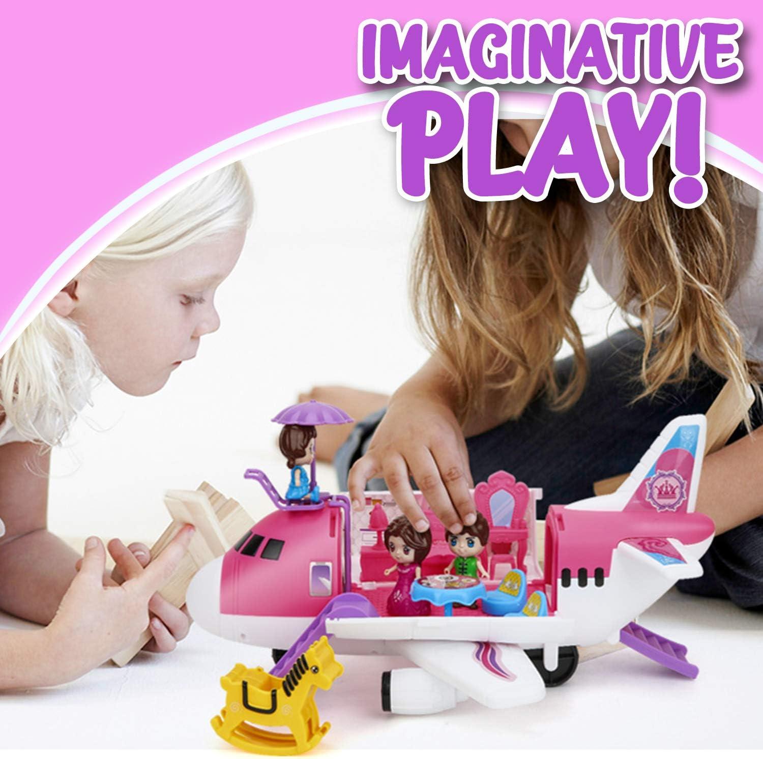 image:imagePink Airplane Toy Private Jet Transport Cargo Vehicle Big Large Aircraft Plane with Figures and Beauty Accessories Pretend Playset for Toddler Girls
