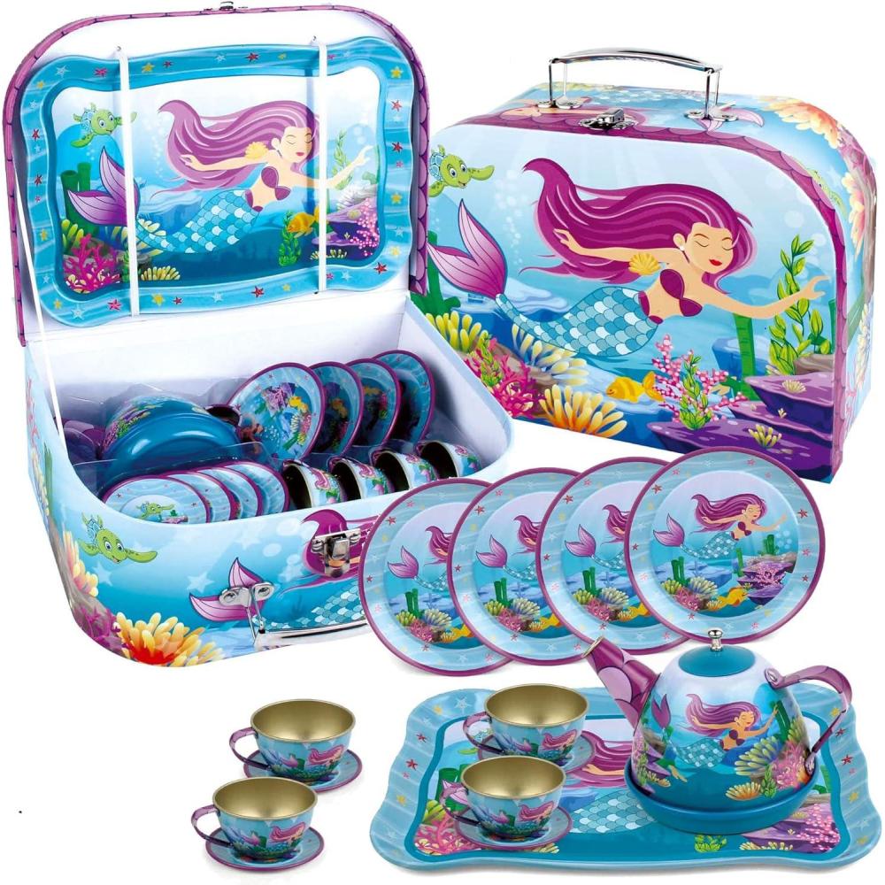 image:image15 Piece Mermaid Tea Party Set for Little Girls Pretend Tin Teapot Set Princess Tea Time Play Kitchen Toy with Cups Plates and Carrying Case for Birthday Gifts Kids Toddlers