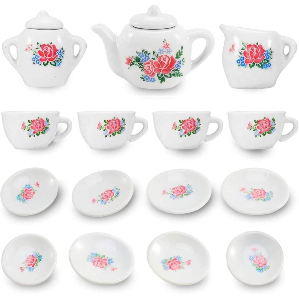 image:image17 Pieces Floral Miniature Porcelain Ceramic Tea Set Pretend Play Kids Toy Mini Kitchen Playset Fun Doll Dramatic Play for Little Girls Kids