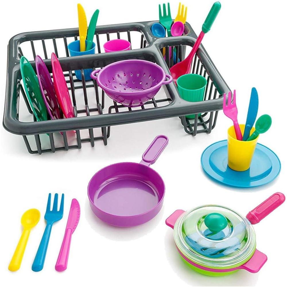 image:image28 PCS Kids Pretend Play Dishes Kitchen Playset Wash and Dry Dish Rack Toy with Drainer Kitchen Tableware Sets for Toddlers