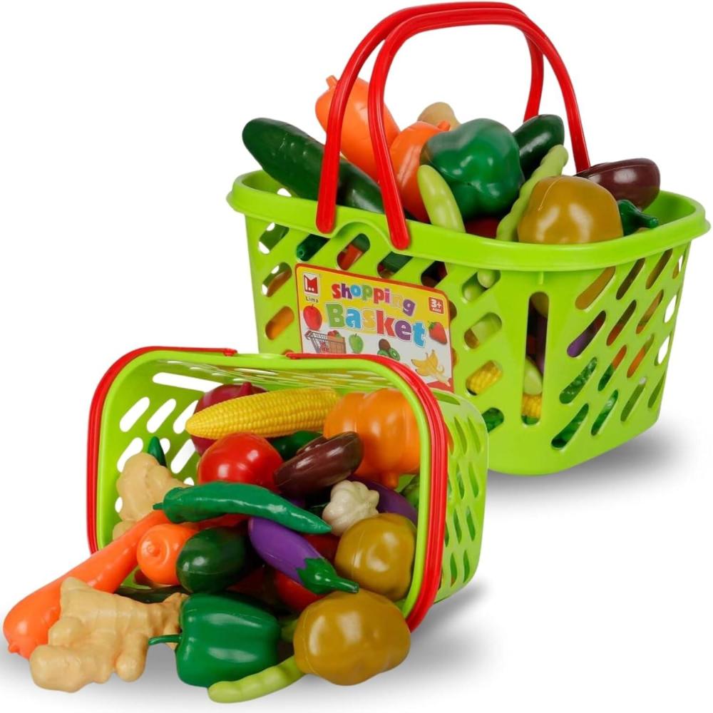 image:image38 PCS Fruits and Vegetables Shopping Basket Play Food Plastic Toys Set Healthy Farmers Market Grocery Educational Pretend Play Set for Kids