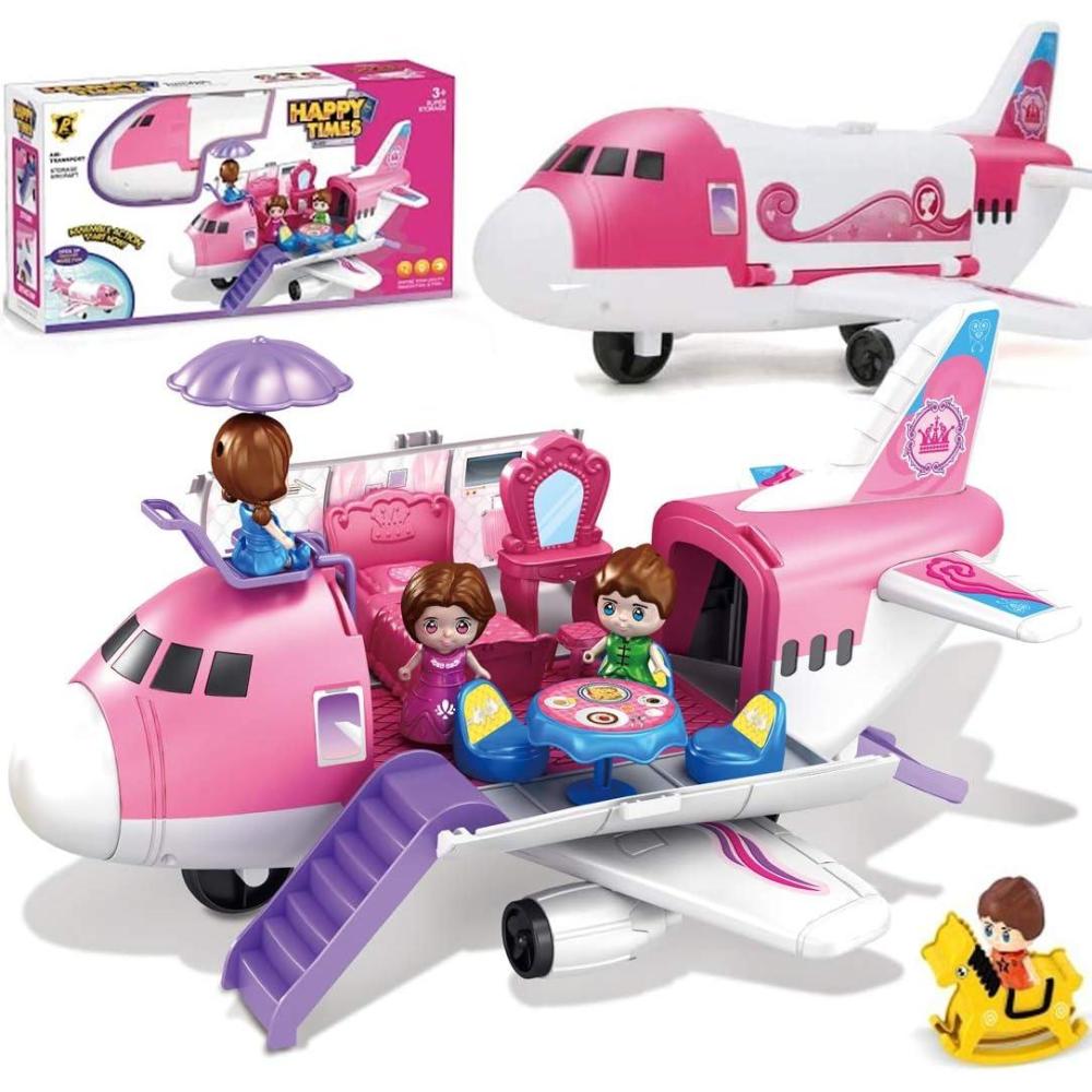 image:imagePink Airplane Toy Private Jet Transport Cargo Vehicle Big Large Aircraft Plane with Figures and Beauty Accessories Pretend Playset for Toddler Girls