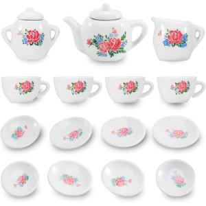 17 Pieces Floral Miniature Porcelain Ceramic Tea Set – Pretend Play Kids Toy Mini Kitchen Playset, Fun Doll Dramatic Play for Little Girls, Kids