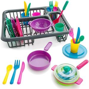 28 PCS Kids Pretend Play Dishes Kitchen Playset – Wash and Dry Dish Rack Toy with Drainer, Kitchen Tableware Sets for Toddlers