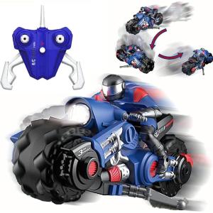 Liberty Imports 2.4Ghz RC Motorcycle Remote Control Stunt Drift Bike Racing Vehicle – 1/10 R/C High Speed Cyclone Motorbike and Riding Figure with 360° Spinning Wheels Action (Blue)(Blue)
