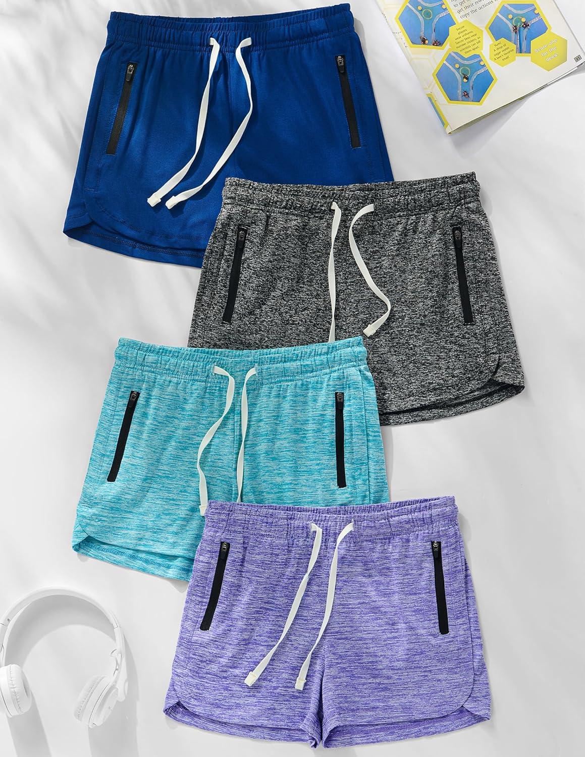image:image4 Pack Youth Girls Athletic Shorts 3 Girls Soccer Shorts Kids Workout Gym Clothes Activewear Apparel with Zipper PocketsBlueNavyBlackLavender