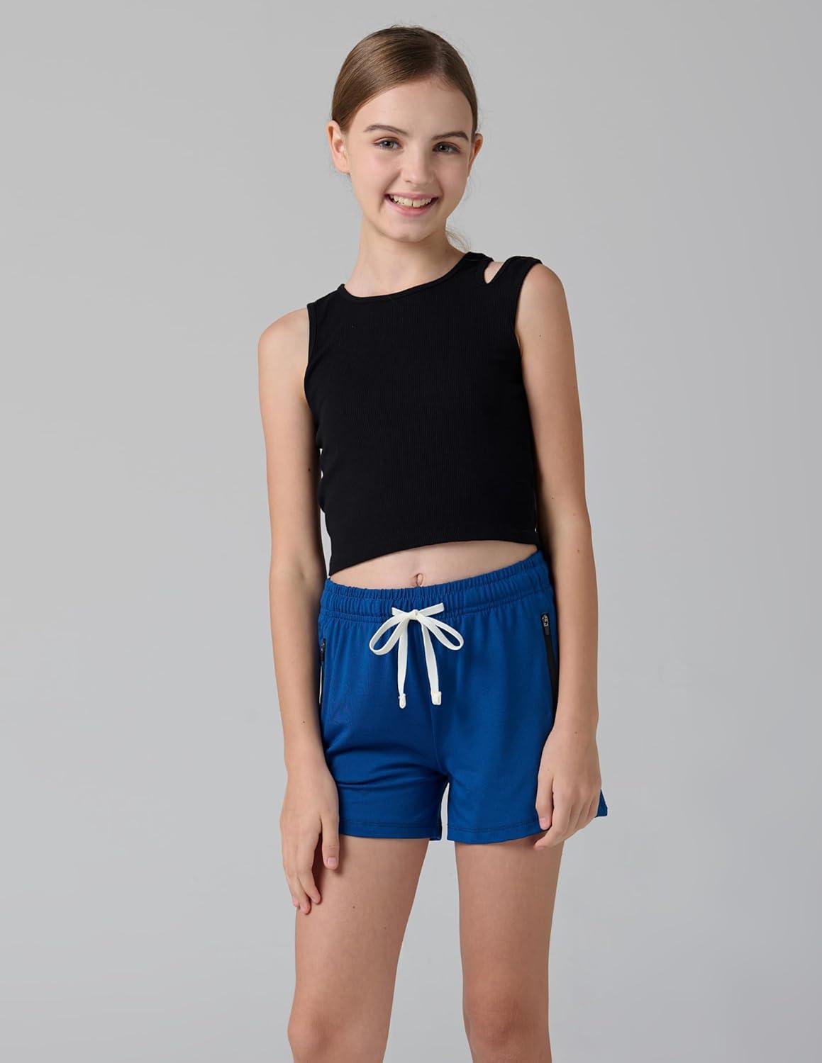 image:image4 Pack Youth Girls Athletic Shorts 3 Girls Soccer Shorts Kids Workout Gym Clothes Activewear Apparel with Zipper PocketsBlueNavyBlackLavender