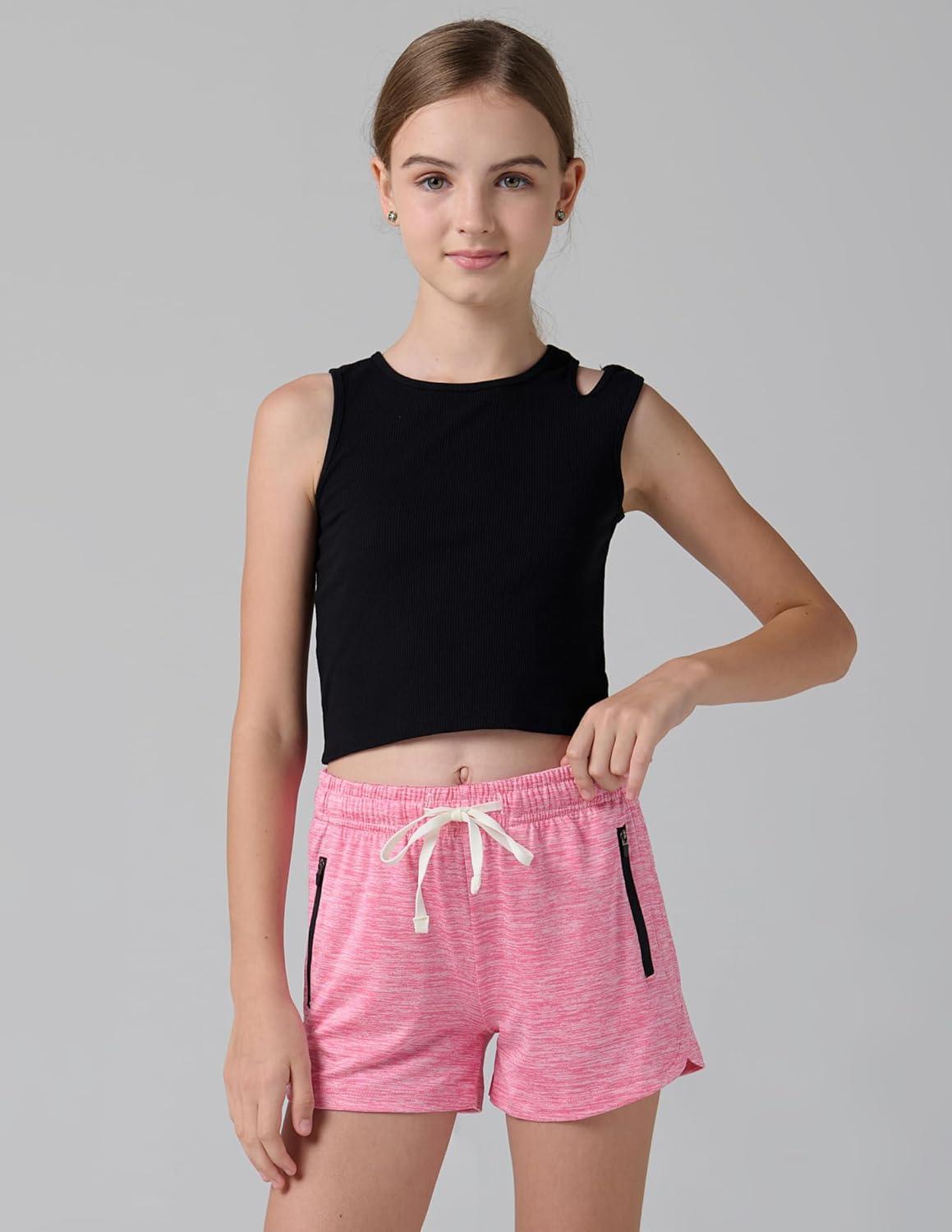 image:image4 Pack Youth Girls Athletic Shorts 3 Girls Soccer Shorts Kids Workout Gym Clothes Activewear Apparel with Zipper PocketsGrayBlackPinkLavender