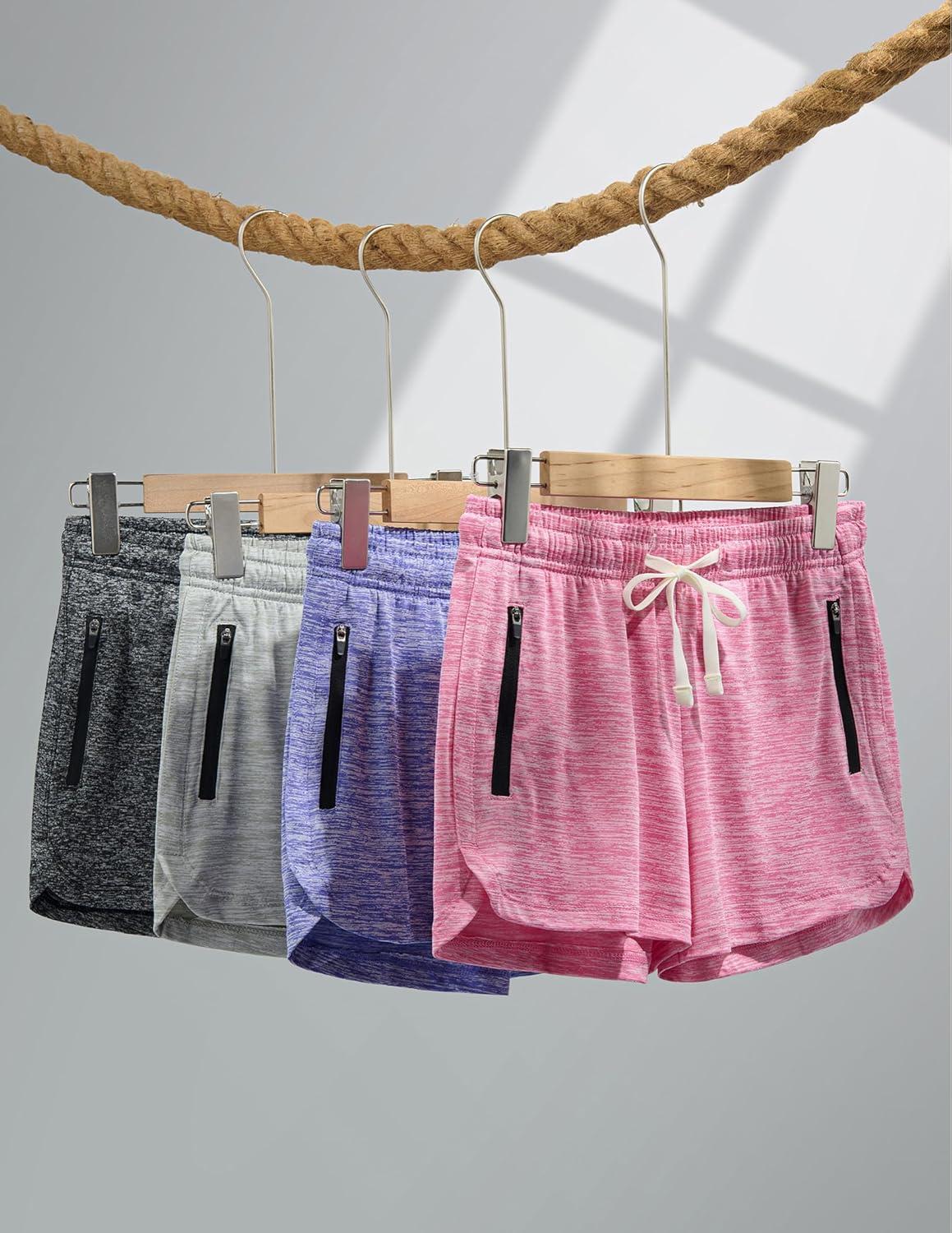 image:image4 Pack Youth Girls Athletic Shorts 3 Girls Soccer Shorts Kids Workout Gym Clothes Activewear Apparel with Zipper PocketsGrayBlackPinkLavender