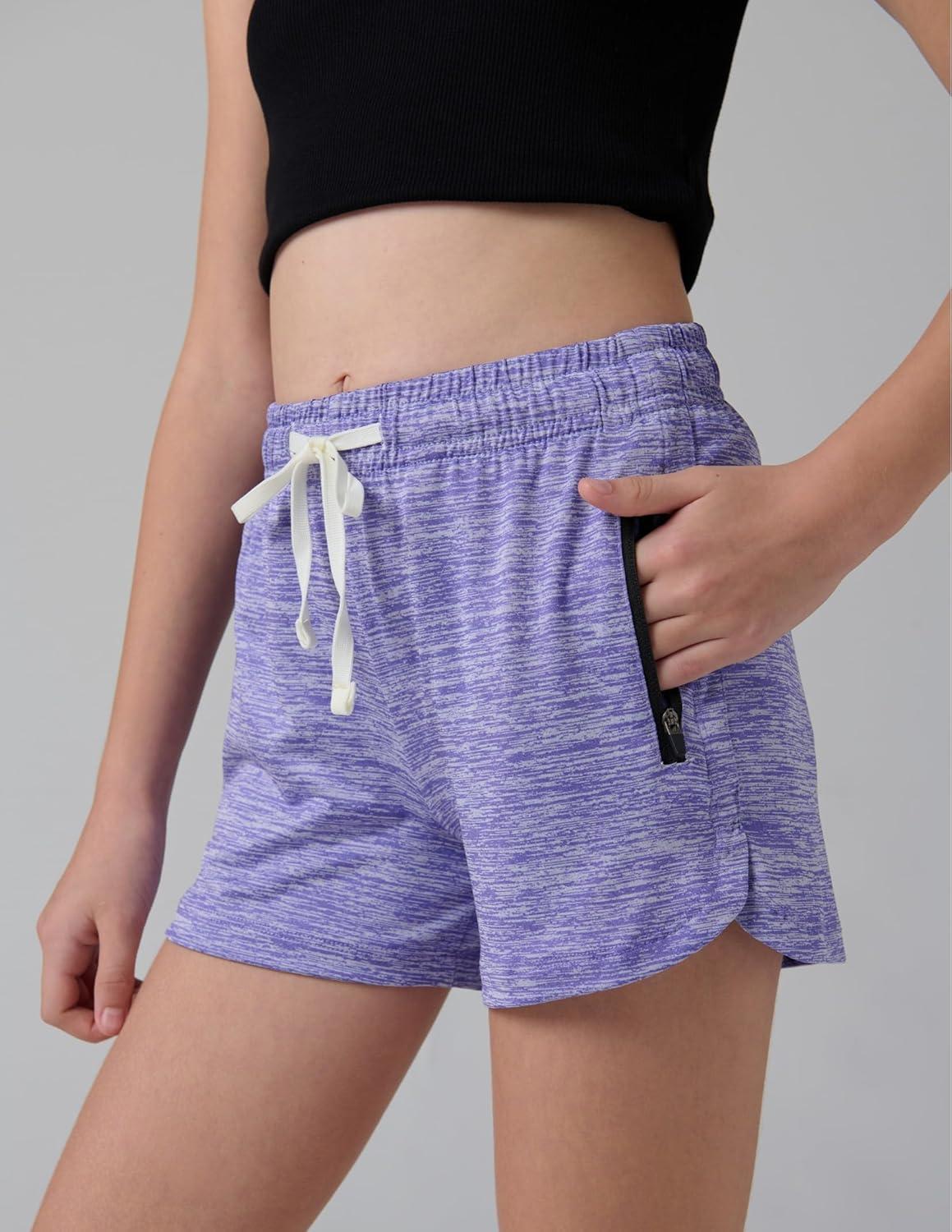 image:image4 Pack Youth Girls Athletic Shorts 3 Girls Soccer Shorts Kids Workout Gym Clothes Activewear Apparel with Zipper PocketsGrayBlackPinkLavender
