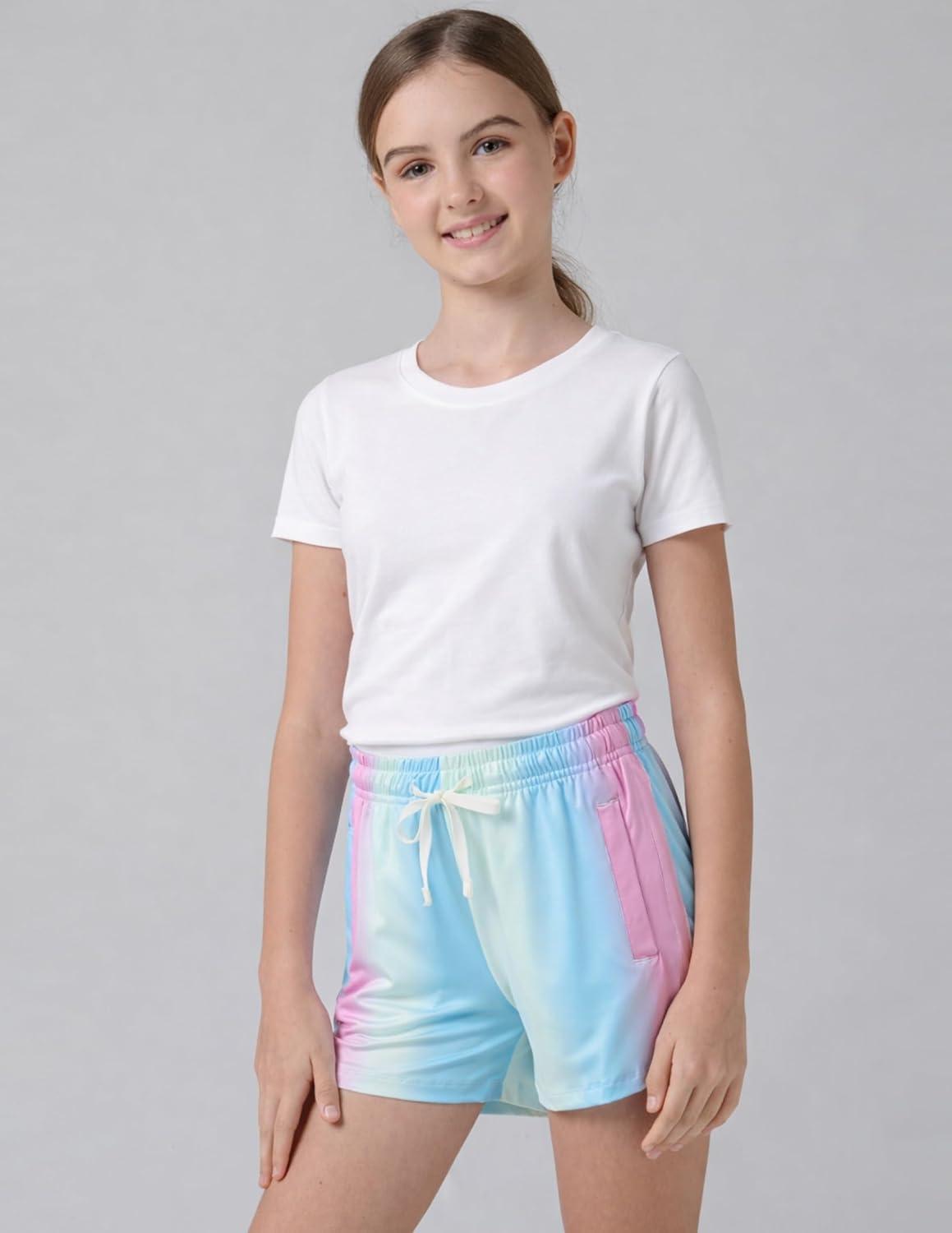 image:image4 Pack Youth Girls Athletic Shorts 3 Girls Soccer Shorts Kids Workout Gym Clothes Activewear Apparel with Zipper PocketsRainbow Mist Coral Gradient Lavender Black