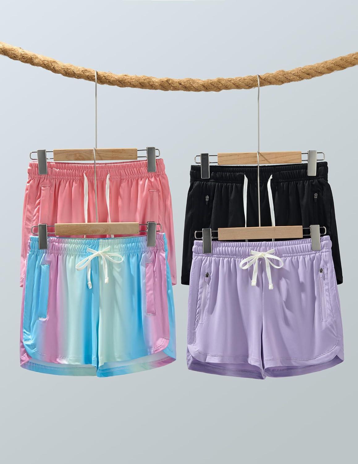 image:image4 Pack Youth Girls Athletic Shorts 3 Girls Soccer Shorts Kids Workout Gym Clothes Activewear Apparel with Zipper PocketsRainbow Mist Coral Gradient Lavender Black