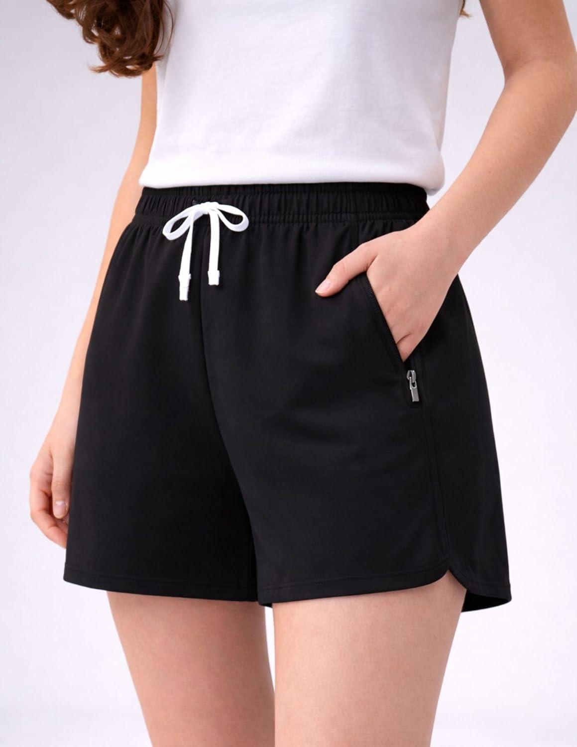 image:image4 Pack Youth Girls Athletic Shorts 3 Girls Soccer Shorts Kids Workout Gym Clothes Activewear Apparel with Zipper PocketsRainbow Mist Coral Gradient Lavender Black