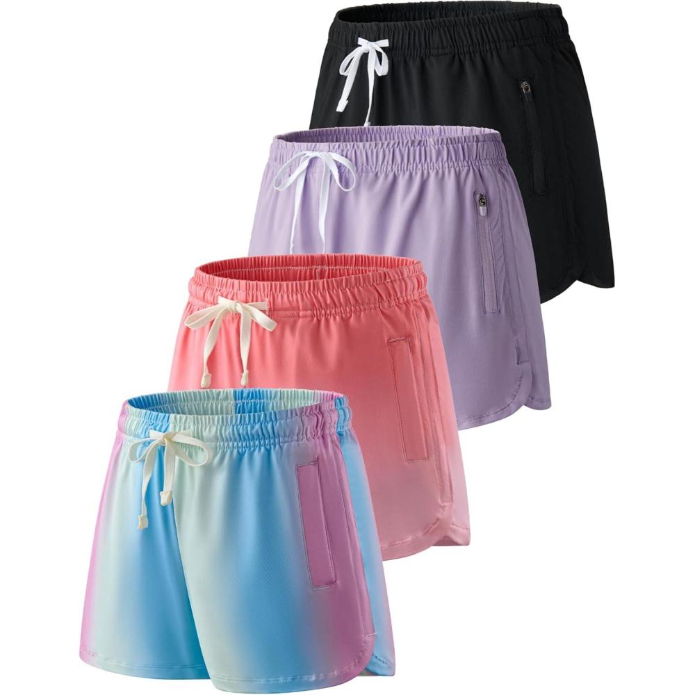image:image4 Pack Youth Girls Athletic Shorts 3 Girls Soccer Shorts Kids Workout Gym Clothes Activewear Apparel with Zipper PocketsRainbow Mist Coral Gradient Lavender Black